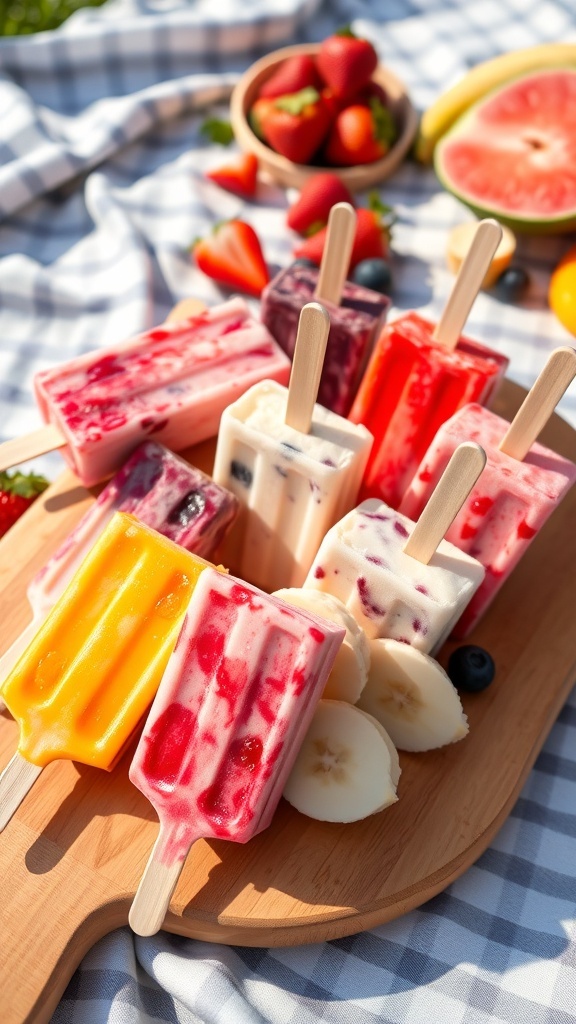 Fruity Yogurt Popsicles for Kids Colorful yogurt popsicles made with strawberries, blueberries, and bananas on a wooden board, perfect for kids.